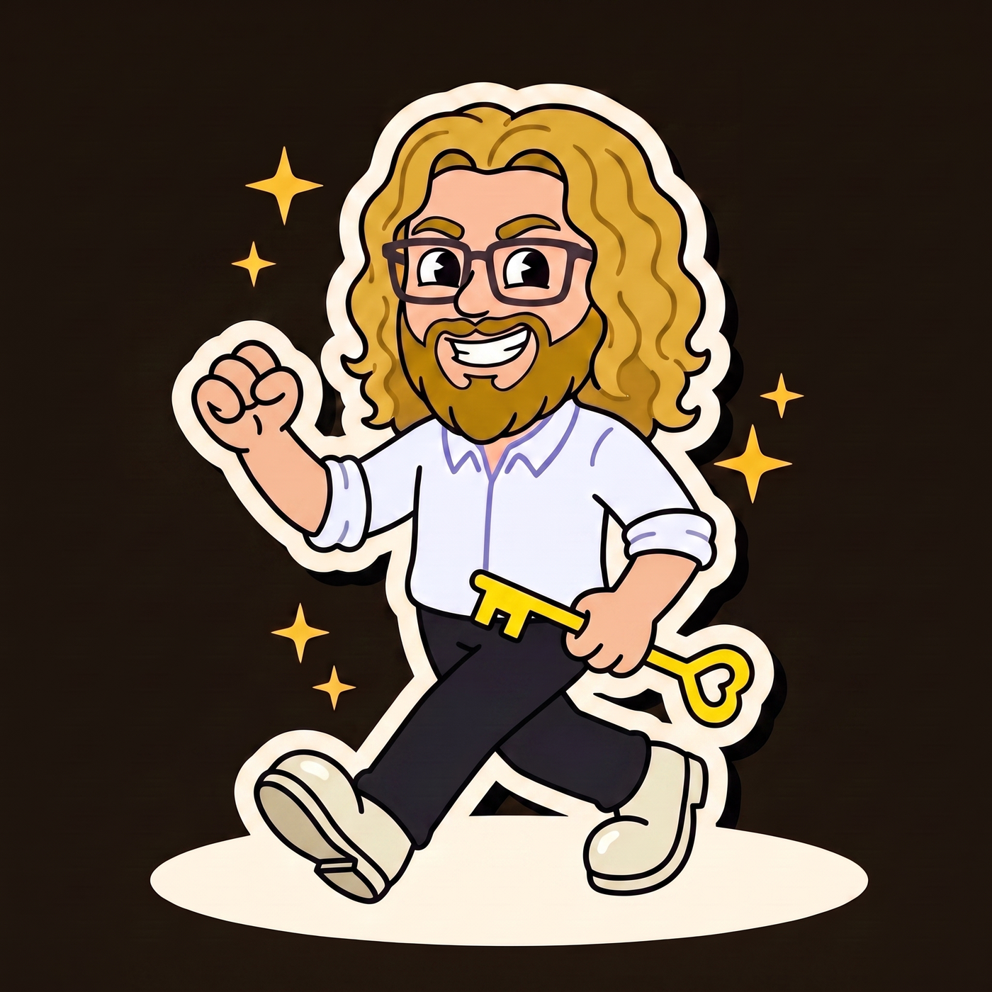 Josh Day — illustrated mascot mid-stride, sleeves rolled, the open-source key in hand
